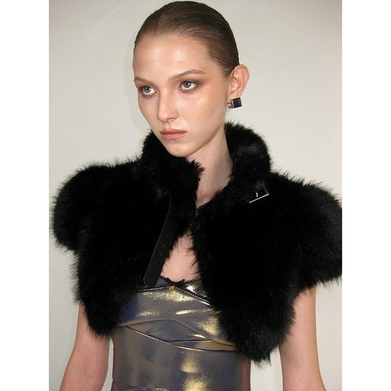 欧美时尚毛毛彷皮草马甲披肩短上衣女 Fur Crop Shawl Top Vest