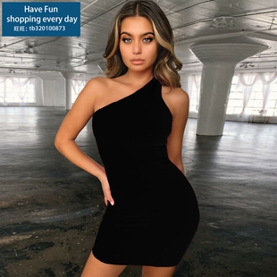 shoulder 斜肩弹力性感包臀礼服连衣裙Oblique dress 优雅法式 夏季