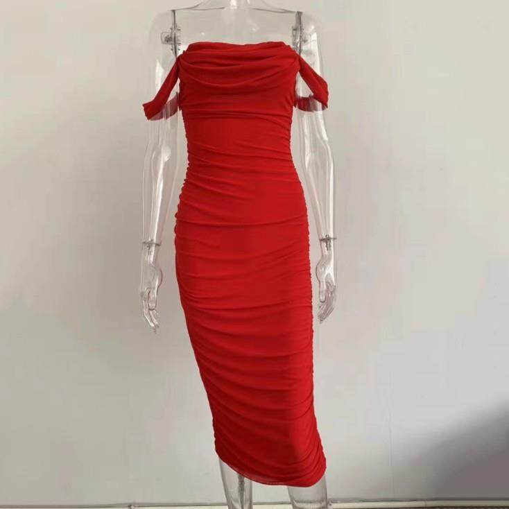 欧洲站品质女装性感抹胸露肩褶皱开 衩洋装气质晚礼服纯色网纱