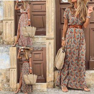 波西米亚风V领碎花短袖 大码 连衣裙长裙子 欧美热卖 2020速卖通爆款