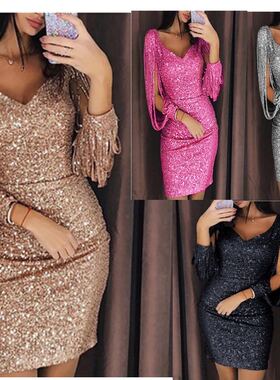 2020ebay亚马逊新款欧美V领亮晶晶流苏长袖修身包臀连衣裙