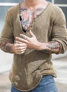 2025年男装欧美风春秋套头针织衫V领潮流薄款打底衫Men knitwear