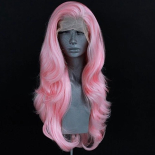 Pink water wave curly hair Cosplay front lace wigs 粉色蕾丝