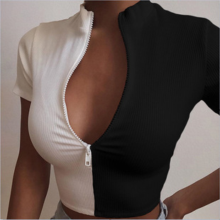 Women's black and white stitching sexy slim short sleeve