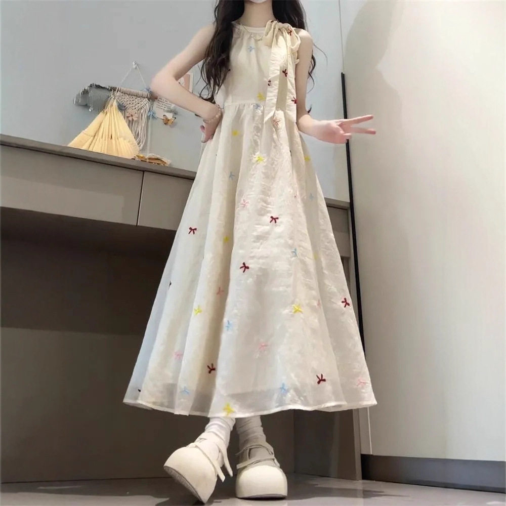 甜美风蝴蝶结绑带挂脖吊带连衣裙女学生夏季超仙收腰显瘦仙女长裙