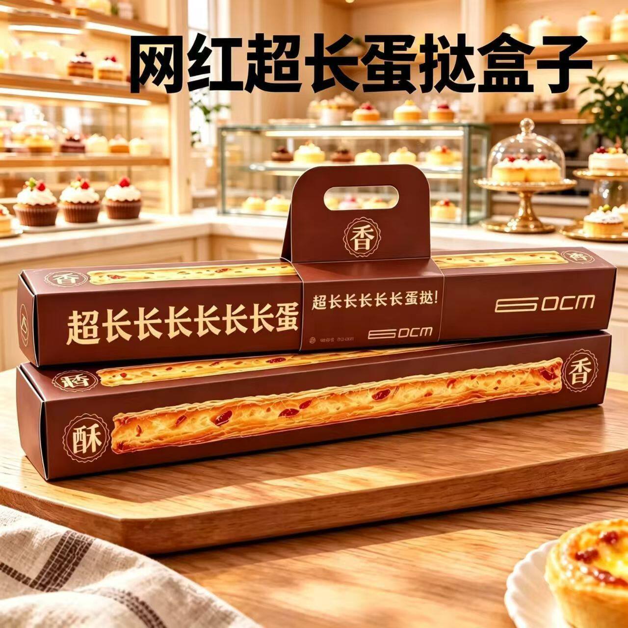网红超长手提蛋挞一次性打包盒
