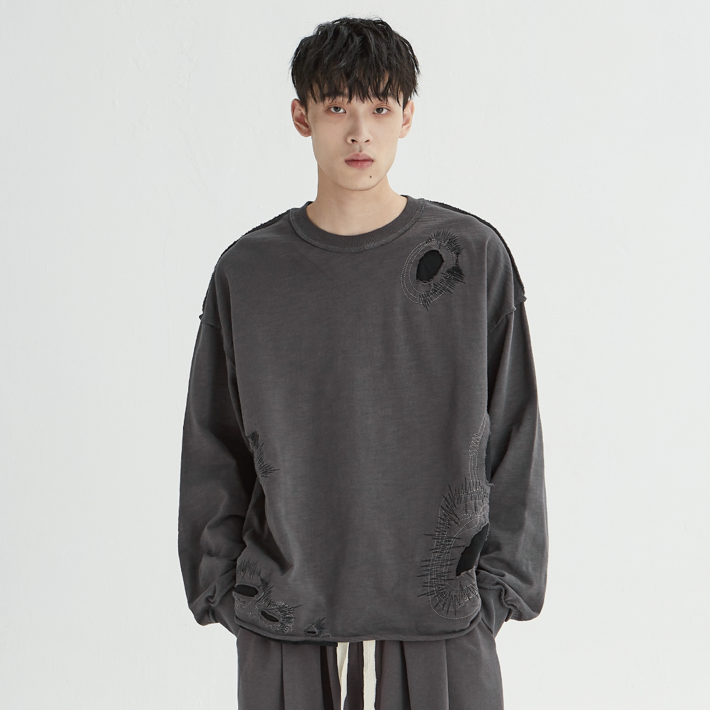 新因素虫洞刺绣补丁无帽圆领卫衣潮流美式高街宽松破坏男长袖上衣