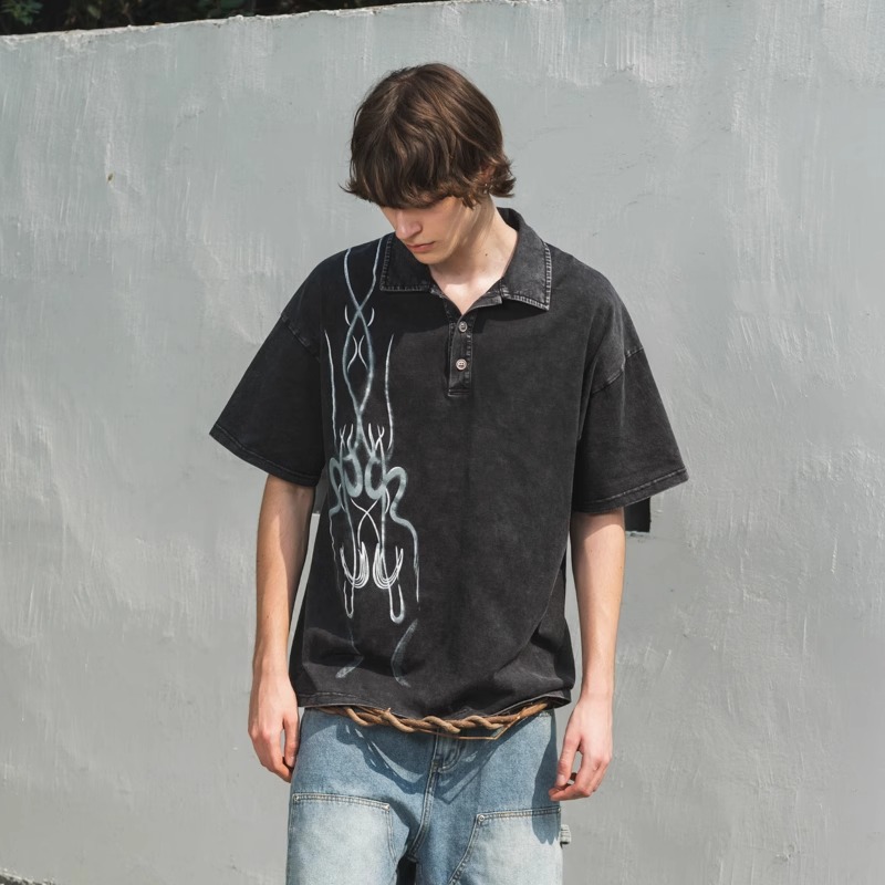 新因素新款水洗做旧翻领polo衫男