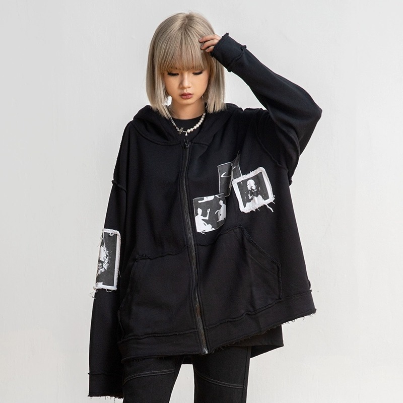 新因素人像贴布宽松拉链套头外套