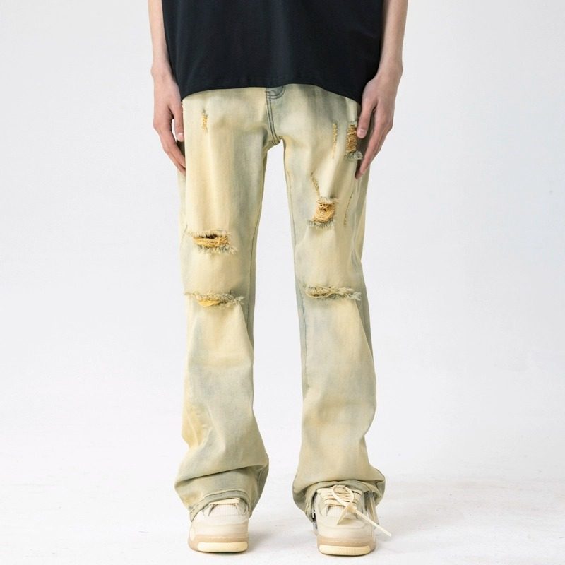 新因素XINYINSU高腰微喇黄泥染牛仔裤男X9283美式高街做旧破洞裤