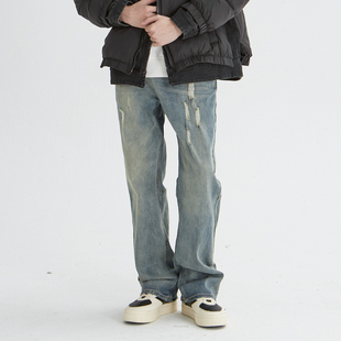 子男女水洗做旧宽松休闲弹力牛仔裤 新因素美式 高街复古阔腿直筒裤