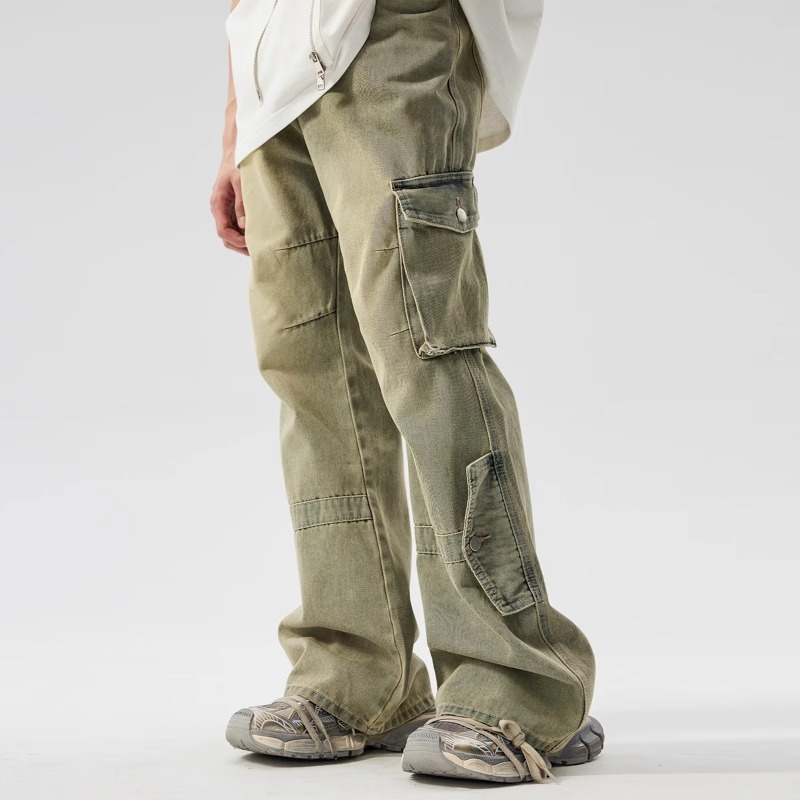 新因素做旧黄泥染微喇叭牛仔裤