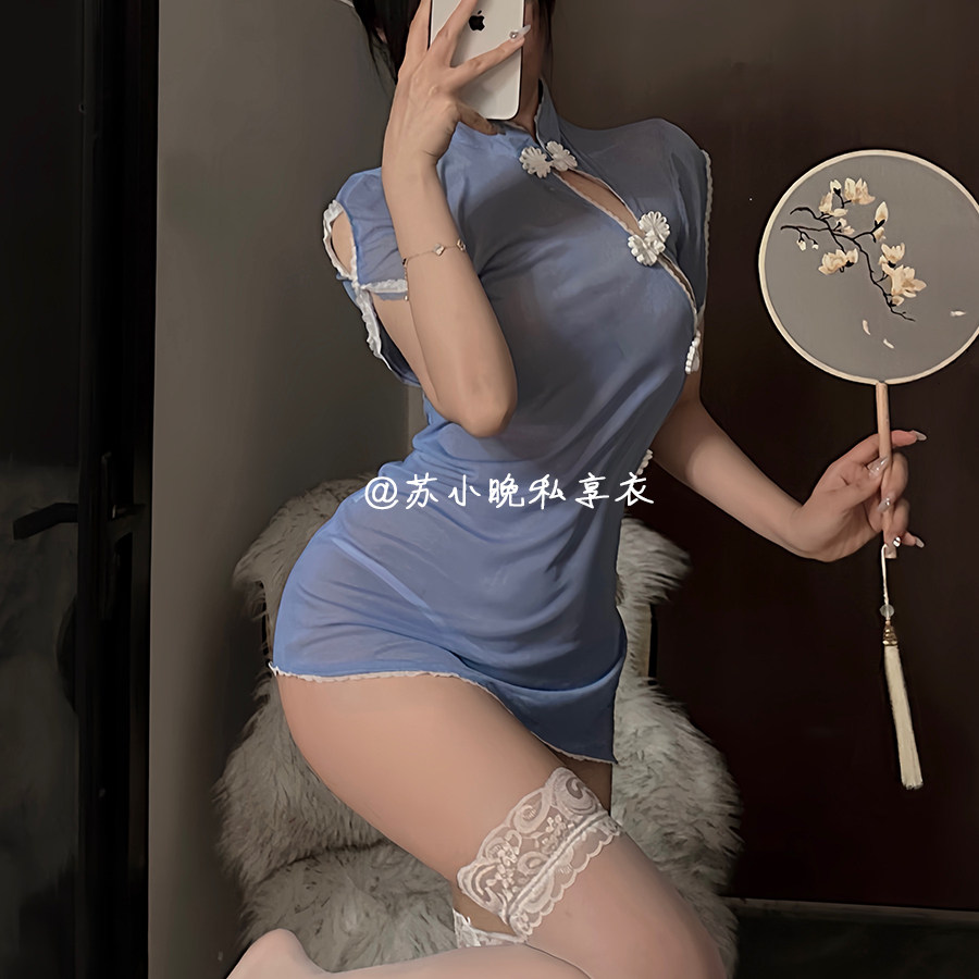 苏小晚 你的小甜心~民国风纯欲睡衣镂空透明旗袍制服套装床上女