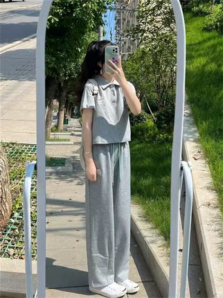 校园风少女休闲运动服套装女夏季薄款短袖长裤可爱活泼跑步两件套