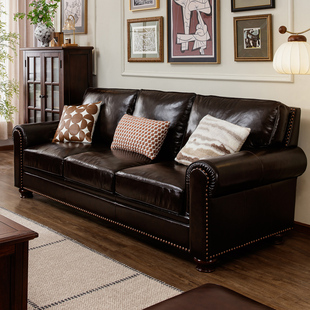 美式真皮沙发头层牛皮直排三四人位小户型组合大巴顿沙发复古客厅