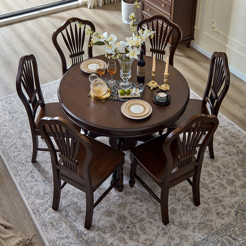 华丹妮美式全实木圆形餐桌椅组合