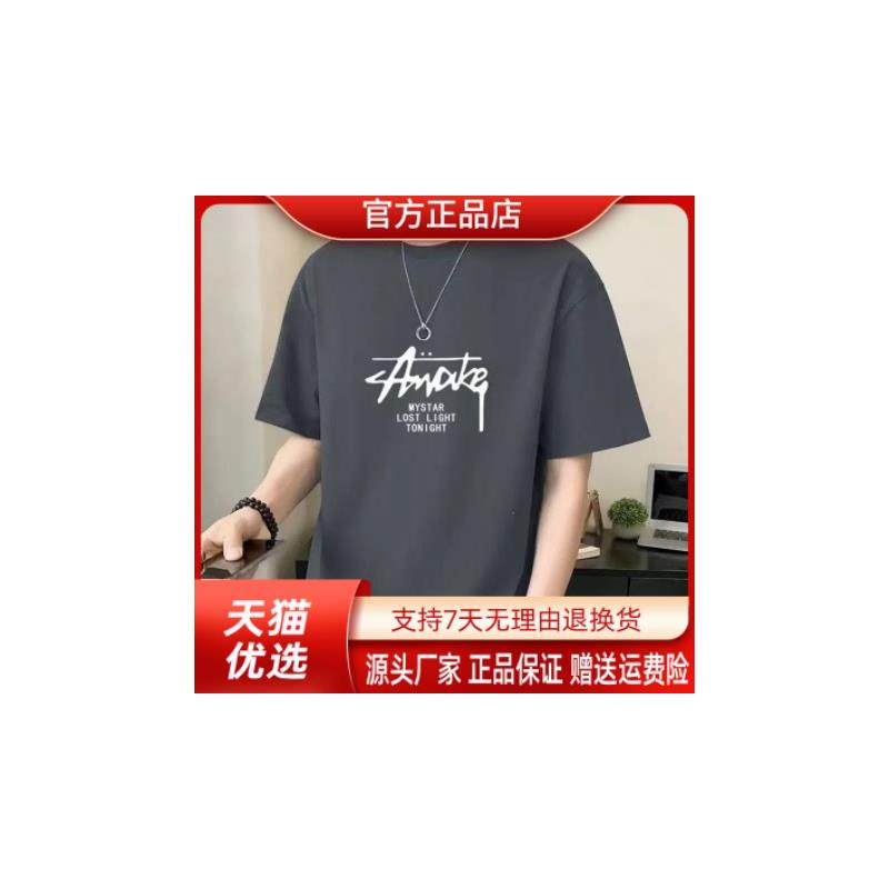 康之源轻奢夏季男士纯棉重磅短袖t恤男宽松圆领潮流韩版印花半袖