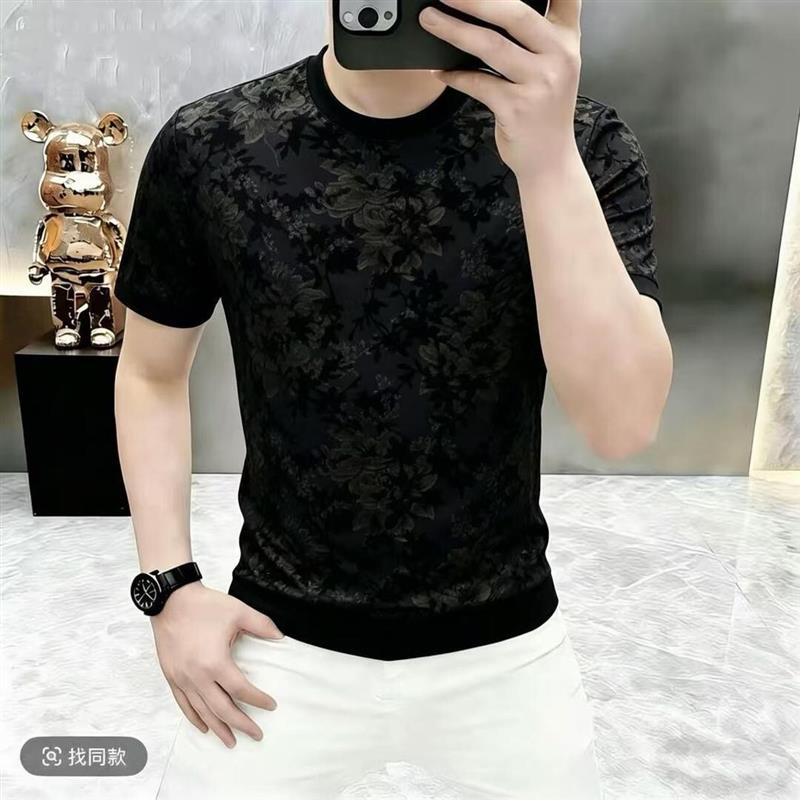 墨峰阁服饰简约高品质夏季新款男士潮流修身圆领冰丝镂空植绒短袖