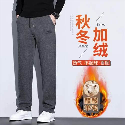 东鸿轻奢秋冬季柔软羊毛休闲.裤男士百搭加绒加厚抗皱直筒裤保暖