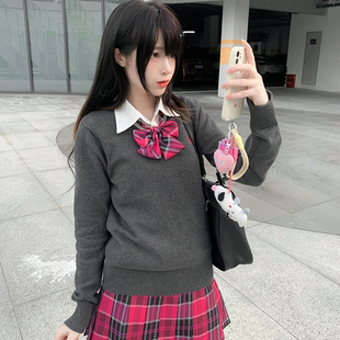 原创深灰色jk制服毛衣套装女秋冬季学院风百褶短裙半身裙子三件套