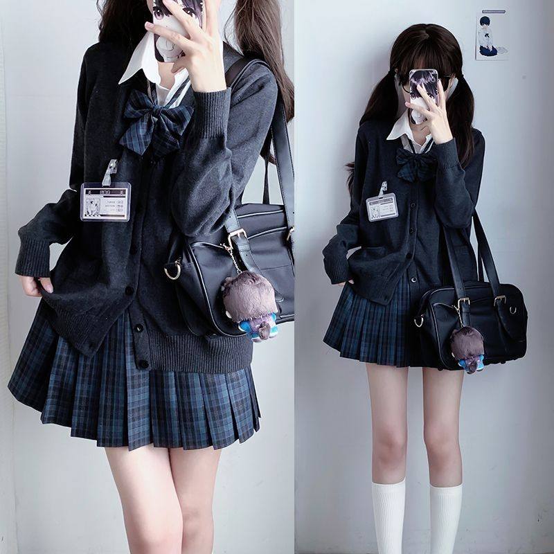 野蛮公主jk制服春季日系开衫毛衣外套格子裙短裙高腰显瘦百搭套装