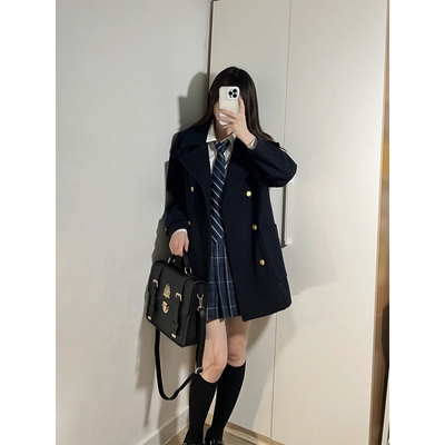 盐渍青梅JK毛呢大衣外套女加厚百搭日系学院风西装双排扣呢子大衣