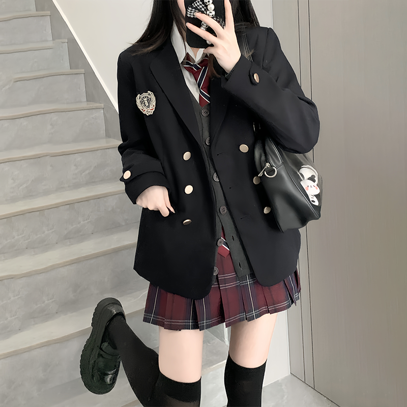 原创jk西服套装女秋冬款校供学院风制服百褶短裙子开衫西服一整套