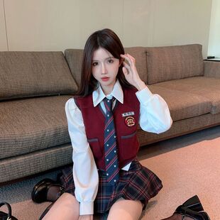 韩系学院风jk春秋季套装衬衫马甲领带半身裙子甜辣妹四件套女生