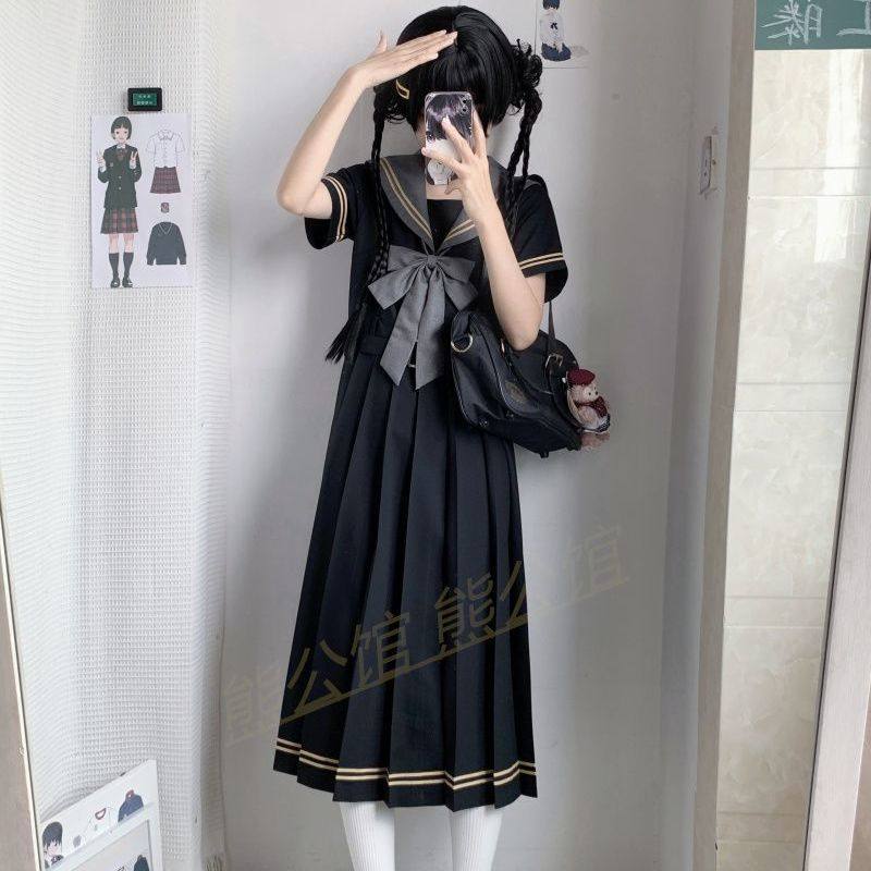 jk制服短袖水手服连衣裙黑色长款校供感学院海军风夏季开学季