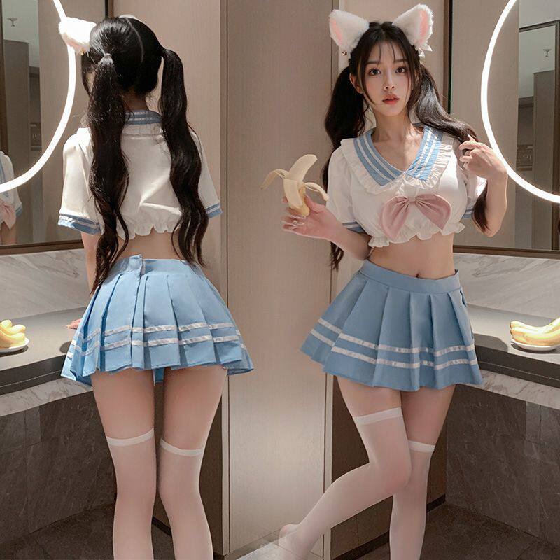 纯欲校园风甜美分体JK制服百褶裙性感学生装气质露腰可爱包臀套装