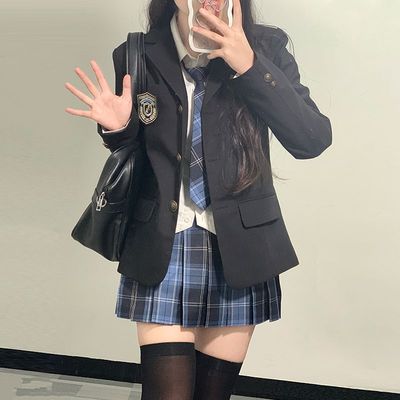 原创jk制服冈梨田格裙黑色西服套装秋冬正版学院风外套西装三件套