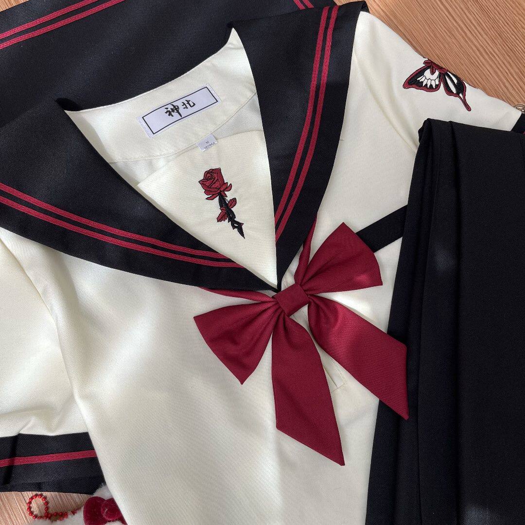 【夜宴玫瑰】神北JK原创jk制服黑红色套装水手服百褶裙学院学生装