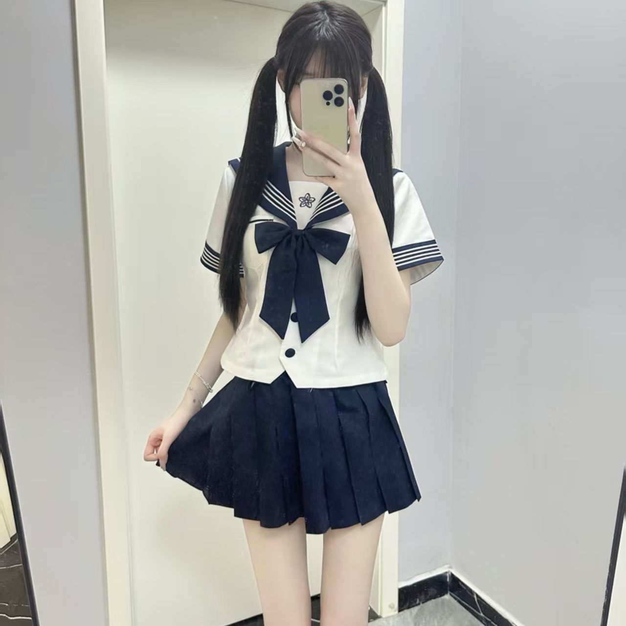 拉面赤猫(猫少女)日系JK水手服长短袖收腰套装校供百褶裙学院风