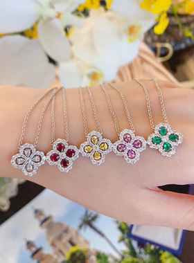 幸运四叶草吊坠项链满钻红色毛衣链款镀纯银锁骨送女友情人节礼物