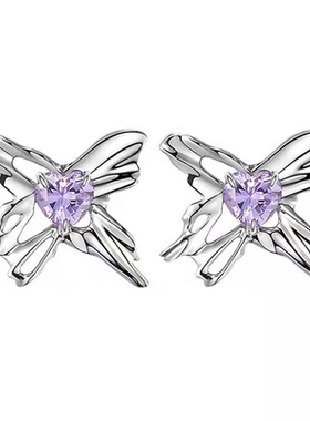 ins冷淡风小众设计紫色锆石耳环金属耳钉仙气液态蝴蝶耳骨夹耳饰