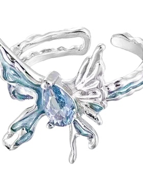 海蓝色蝴蝶戒指女小众设计级感时尚饰品食指戒不规则气质百搭潮