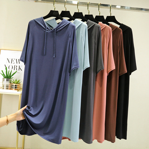 莫代尔夏季薄款短袖连帽连衣裙女宽松显瘦长裙外穿百搭休闲T恤裙
