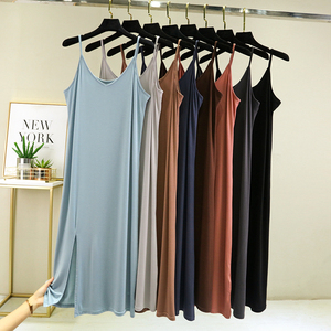 纯色吊带裙睡裙女夏中长款开叉长裙连衣裙居家外穿睡衣薄款打底裙