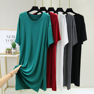 莫代尔连衣裙薄款圆领打底裙女夏外穿中长款开叉裙宽松短袖a字裙