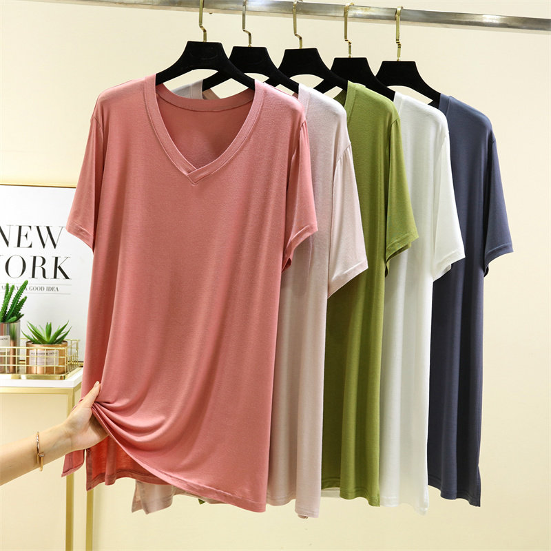 莫代尔v领中长款打底衫女夏季外穿开叉T恤衫简约宽松短袖薄款上衣