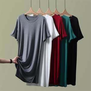 莫代尔短袖a字裙夏季薄款下摆开叉连衣裙女宽松外穿大码打底长裙