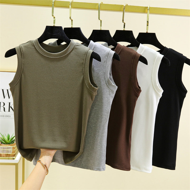 纯棉小圆领吊带背心女夏季针织螺纹外穿修身内搭显瘦薄款打底上衣