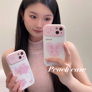 iPhone13pro女小众14皮质软壳12pm日韩创意11全包防摔保护套 桃壳 粉色蝴蝶大视窗适用苹果15promax手机壳新款