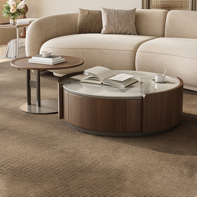 中古风茶几客厅家用小户型轻奢木纹胡桃木岩板圆形茶几电视柜组合