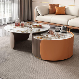 岩板茶几客厅家用小户型轻奢伸缩现代简约圆形高级电视柜边几组合