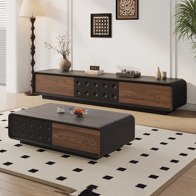 中古风茶几电视柜组合客厅家用现代简约轻奢高级感小户型黑色茶几