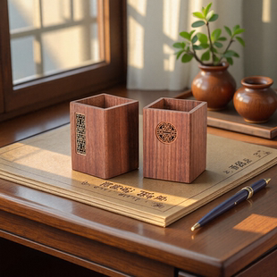 黑胡桃木笔筒桌面实木笔盒木质中式笔插办公室笔座轻奢创意收纳盒