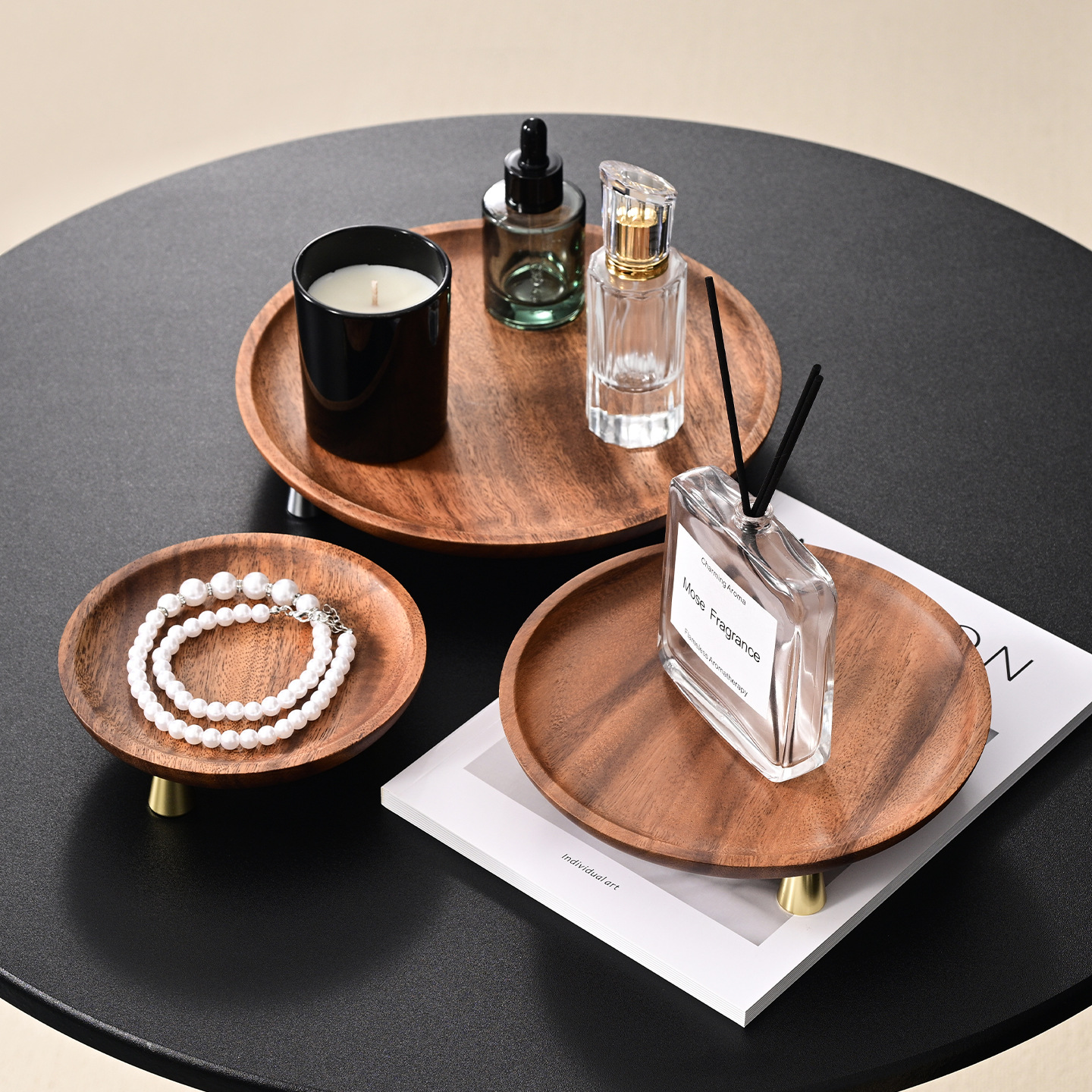 实木圆形钥匙托盘玄关胡桃木色高脚香薰置物盘木质化妆品收纳盘