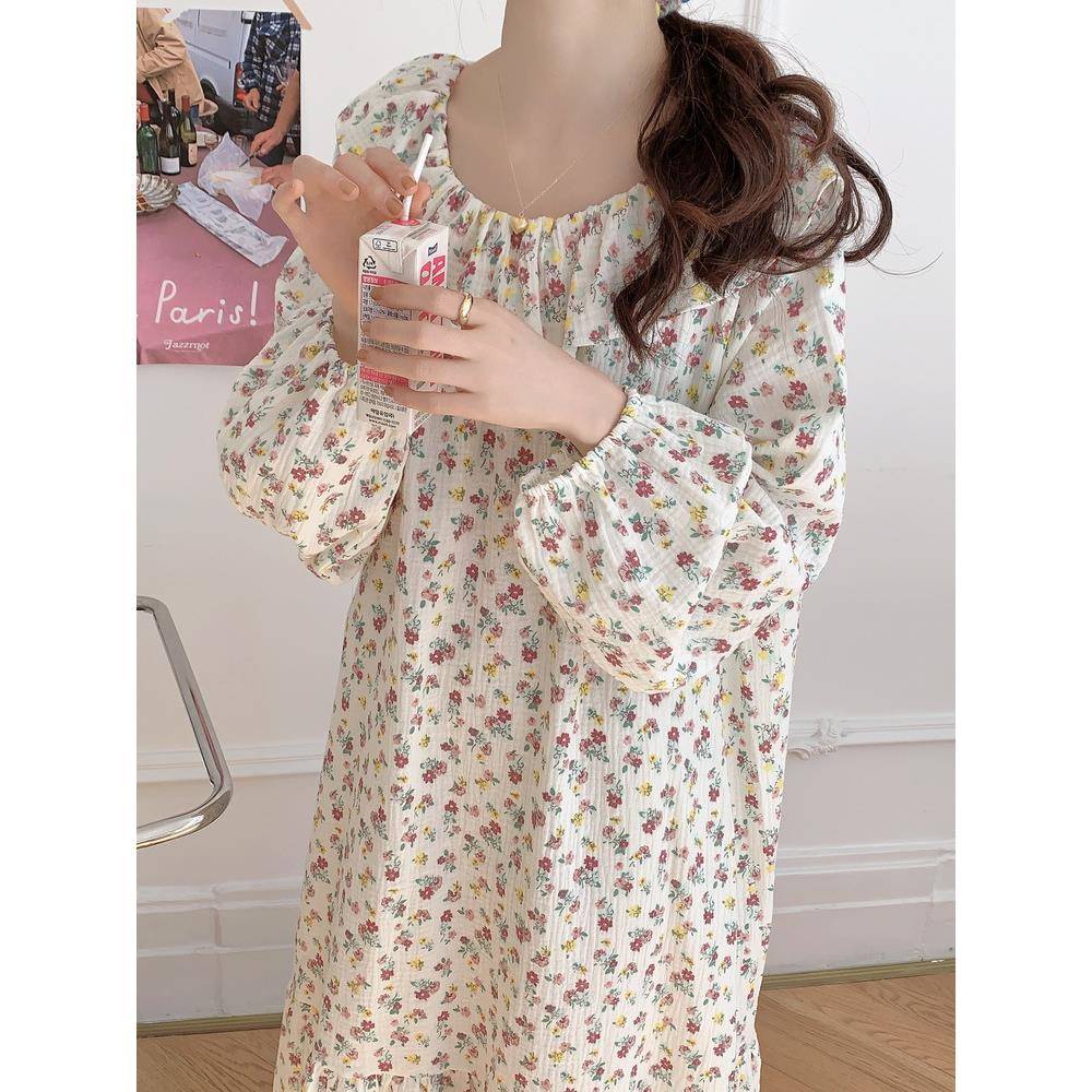 ILP睡衣女204韩版早春新甜碎花纯棉美睡裙层纱柔软宽松家双居服2