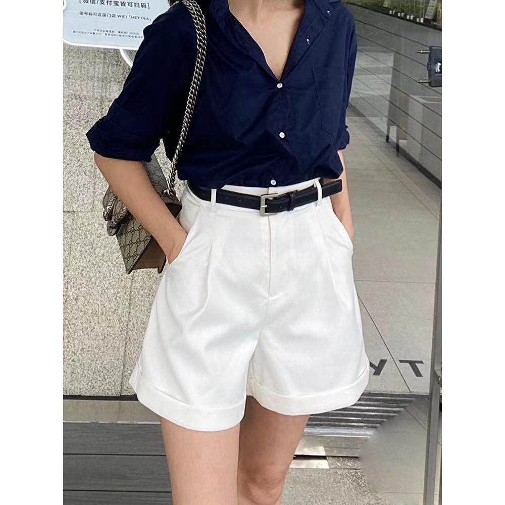 西韩装短女外穿025春夏版高腰2显瘦QGGa字工装休闲阔裤腿卷边短裤